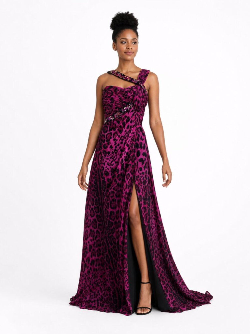 Cassandra Stone by Mac Duggal One-Shoulder Gown 2 Fuchsia Leopard Print Beaded